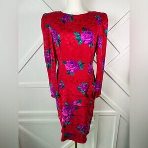 Vintage 80s A.J. Bari 100% Silk Red Floral Rose Print Dress Open Back Sz 12